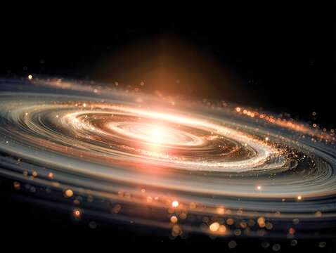 Glowing spiral galaxy with bright core and swirling cosmic dust illuminated against the dark backdrop of outer space in a stunning celestial view