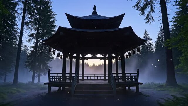 Tranquil asian style pavilion serene forest setting sunlight rays