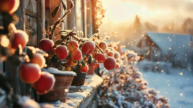 A row of potted plants with apples on them. The apples are frozen and covered in snow