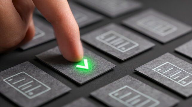 Finger pressing illuminated green checkmark button on futuristic control panel with digital icons representing data and system functions in concept of approval and v