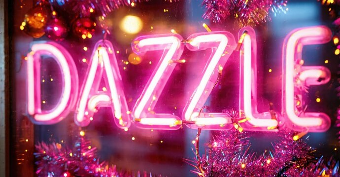 Bright pink neon sign spells DAZZLE. Festive tinsel surrounds glowing letters. Background appears dark, creating strong contrast.