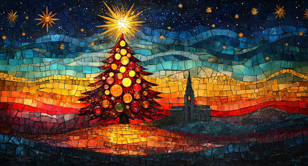 Decorated Christmas Tree with Golden Lights and Gifts in the Foreground