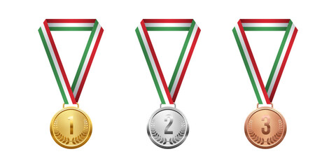 Gold, silver, and bronze medals. Realistic 3D award medals with ribbons, symbolizing first, second, and third place in sports, competitions, and athletic events. Vector illustration