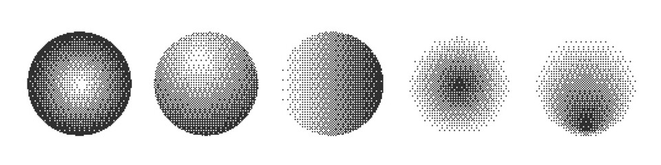 Pixel gradient circles background. Black and white dotted spheres with optical illusion and depth effect. Abstract digital pattern for modern graphic design. Vector illustration