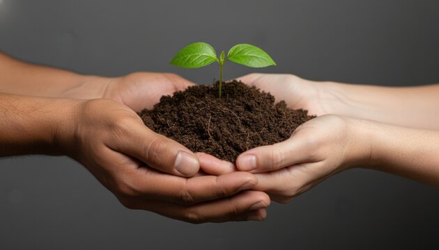 Two diverse human hands gently holding rich soil with a small green seedling growing, symbolizing new life, hope, and environmental care on a dark grey background