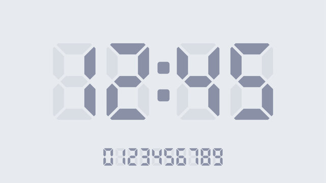 Digital clock display with full numeric set. Led countdown numbers in grayscale. Clean modern lcd time template on soft grey background. Realistic minimal vector illustration