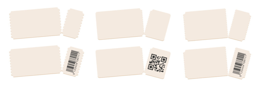 Blank perforated paper tickets. Collection of vintage-style admission ticket templates with torn edges, barcodes. Event or cinema entry pass design. Realistic vector illustration