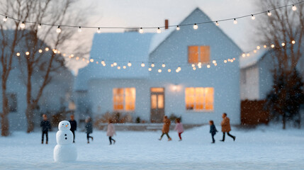a happy family building a snowman in the winter
