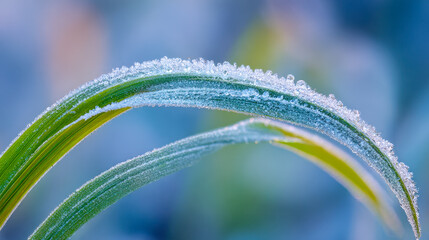 Frost-covered green grass blades bending gracefully with delicate ice crystals sparkling in the soft morning light against a blurred natural background
