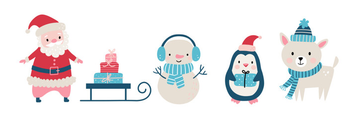 Cute Christmas illustration with Santa, snowman, penguin with gift, little deer in winter clothes and a sleigh with presents. Festive holiday characters for cards, kids projects and winter decor