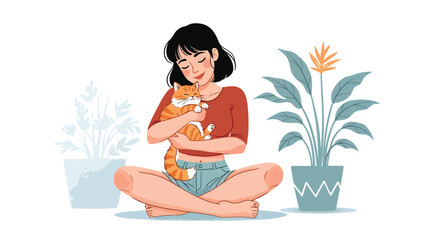 Cute sticker collection of a woman cuddling cats and walking dogs, ideal for pet lovers, lifestyle planners, and cute flat vector themes