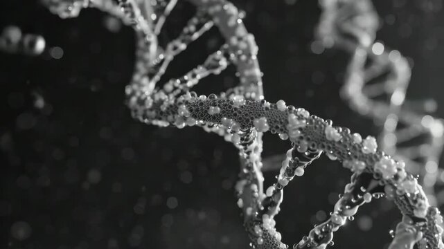 High-resolution of a deoxyribonucleic acid (DNA) molecule showcasing double helix structure with spheres representing nucleotides.