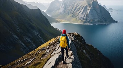 Hiker celebrating on mountain peak overlooking fjord - Powered by Adobe