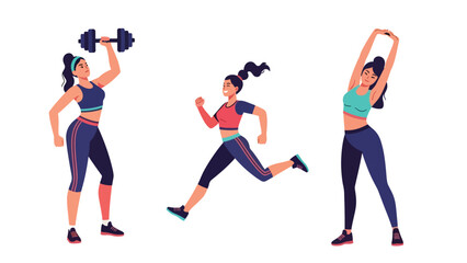 Sticker collection featuring a woman running, lifting weights, and training, ideal for planners, fitness diaries, and modern flat vector lifestyle themes