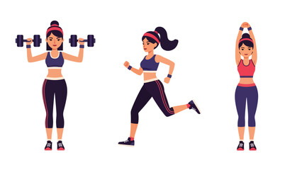Sticker collection featuring a woman running, lifting weights, and training, ideal for planners, fitness diaries, and modern flat vector lifestyle themes