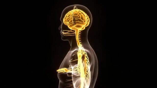 Human nervous system illustration showcasing the brain, spinal cord, and peripheral nerves in golden color
