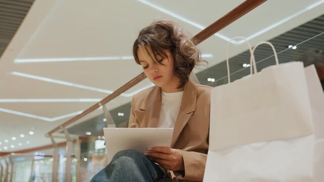 proofreader examines manuscript, manuscript review in peaceful mall, caucasian editor reviewing document calmly at mall, an individual carefully inspects manuscript in mall corridor setting