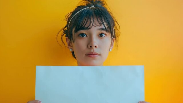 Young lady with dark hair covering her eyes with blank paper