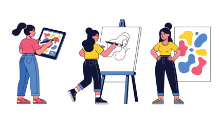 Cute sticker set of a woman drawing, painting, and creating art, perfect for creative planners and artistic flat vector collections