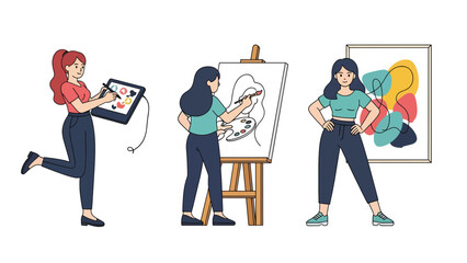Cute sticker set of a woman drawing, painting, and creating art, perfect for creative planners and artistic flat vector collections