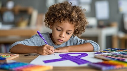 Multiracial child drawing purple awareness ribbon on paper in classroom, Epilepsy awareness, education, creativity, support, inclusion during Purple Day initiatives