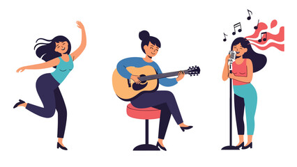 Flat vector sticker collection of a woman singing, listening to music, and playing instruments, great for creative journals and lifestyle themes