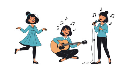 Flat vector sticker collection of a woman singing, listening to music, and playing instruments, great for creative journals and lifestyle themes