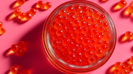 minimalist photography, a jar of red caviar on a uniform background