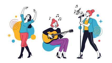 Flat vector sticker collection of a woman singing, listening to music, and playing instruments, great for creative journals and lifestyle themes