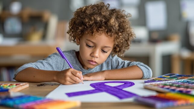 Multiracial child drawing purple awareness ribbon on paper in classroom, Epilepsy awareness, education, creativity, support, inclusion during Purple Day initiatives