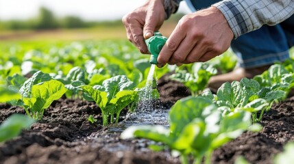 Farmer using drip irrigation on vegetable field representing sustainable agriculture water conservation eco farming practices and authentic rural environment resource management
