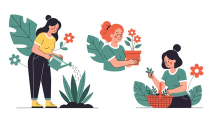 Flat vector gardening sticker collection of a woman watering plants, holding flowers, and planting seeds. Ideal for nature and lifestyle planner designs