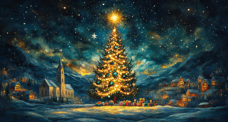 Large Golden Christmas Tree with City Background and Twinkling Lights