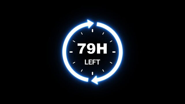 Countdown timer showing 79 hours remaining with glowing blue circular arrows and clock face on black background