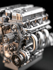 Obraz premium Close-up of a shiny metallic high-performance car engine with intricate belts and pulleys against a dark background, showcasing automotive mechanical precision and power