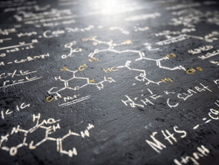 Detailed chemical structures and molecular formulas written in white and yellow chalk on a blackboard in a science classroom or laboratory setting