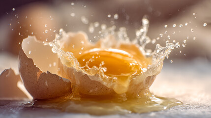 Dynamic splash of raw egg yolk and white bursting from cracked shell captured in motion with a soft, warm background and natural light highlighting texture and fluid