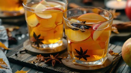Two glasses of warm apple cider garnished with cinnamon sticks, star anise, and apple slices set on a rustic wooden board against an autumnal backdrop. - Powered by Adobe