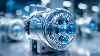 High precision metallic machinery component with polished steel finish in an advanced industrial manufacturing setting for mechanical engineering applications