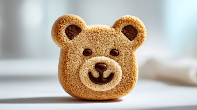 Adorable teddy bear shaped sweet biscuit with chocolate details sitting on a smooth surface with a soft blurred background in natural light