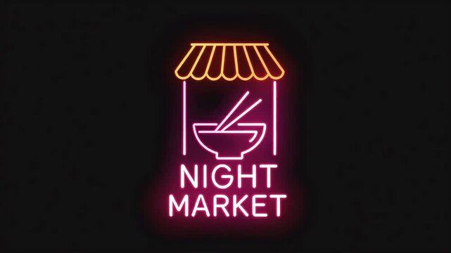 Neon night market icon glowing on a black background, featuring a bright shop canopy, bowl with chopsticks, and bold text, perfect for street food, festivals, travel, and market themed videos.