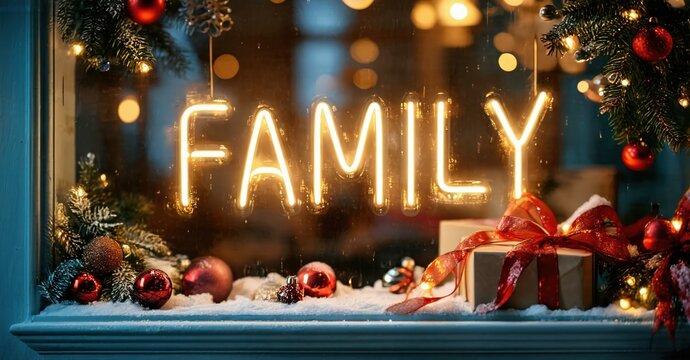 Festive window display shows bright FAMILY neon sign. Decorations include ornaments, gift, pine branches, soft snow, warm lights. Cozy winter scene.