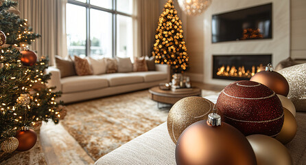 Festive Scene by the Fireplace with Red Rug and Soft Light