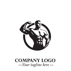 Naklejka premium Man With Muscle Logo Symbol in Black on White Background for Strong Bold Fitness Branding Design Art