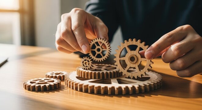 Business man assembling gear wheels as synergy concept - Powered by Adobe