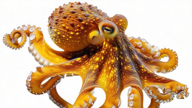 High-resolution of a vibrant orange octopus with unique patterns and texture, providing an underwater perspective.