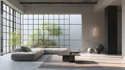 A minimal living space where large window grids cast soft rectangular light sections creating calm geometric compositions