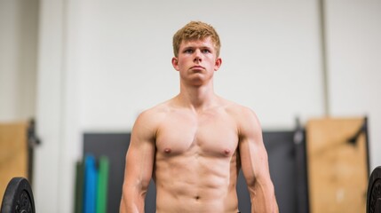 Young man prepares to lift heavy weights in gym setting during training