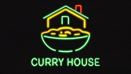 Neon curry house icon glowing on a black background, featuring a bright home outline above a steaming curry bowl, perfect for restaurant branding, food promos, takeout ads, and menu graphics.