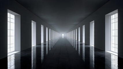 A minimal long hallway where consistent window grids generate repeating light blocks extending into deep perspective